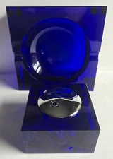 MID-CENTURY VINTAGE COBALT BLUE CRYSTAL GLSSS ASHTRAY MATCHING LIGHTER ORIG. BOX