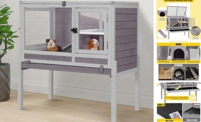  2-Story Indoor Rabbit Hutch Guinea Pig Cage with Stand, Wooden Bunny (Grey)