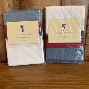 Set Of 2 New Pottery Barn Kids Denim Fringed Sheeting Red & Blue Pillowcases