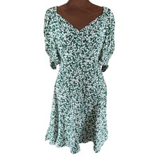 Madewell Floral Dress Women's 4 Green White Floral Puff Sleeve Smocked Back NWT