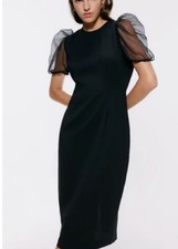 NWT Carlie Charlie Charlotte Black Lace Puff Cap Sleeve Sheath Midi Dress Sz M