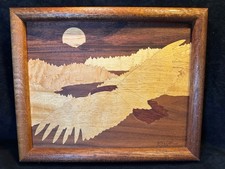 Jeff Nelson Handcrafted Inlaid Wood Marquetry Flying Eagle Wood Art 1983 Signed