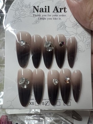 Long Stiletto Press-On Nails Brown Beige Ombre 3D Rhinestone Full Cover Set