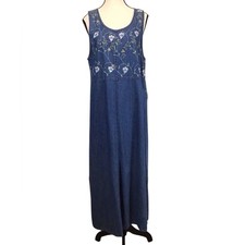 VTG 90s Floral Embroidered Denim Maxi Jumper Dress Size M Overall Cottage Garden