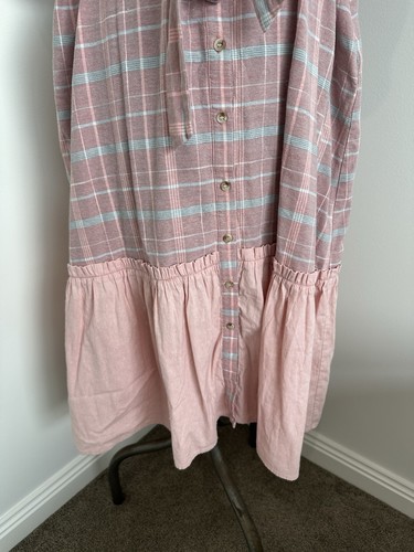 La Boheme Girls Pink Linen Cotton Check Tartan Midi Dress Modest Cottagecore M L - Picture 6 of 21