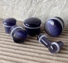 PAIR Violet Cat Eye Stone Plugs Single Flare Tunnels Earlets Gauges Body Jewelry