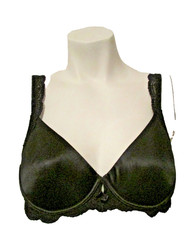 Cacique Shiny Wet Look Black Satin Lightly Padded Lace Trim T-Shirt UW Bra 34A