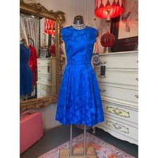 vintage 1960s blue brocade cocktail dress sleeveless flared skirt small mcm 25