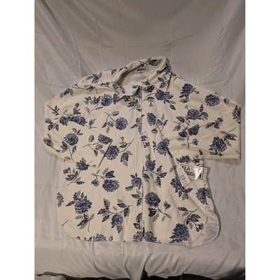 BASIC EDITIONS Women Plus 2X Cream Floral Corduroy Button Down Shirt Vacation