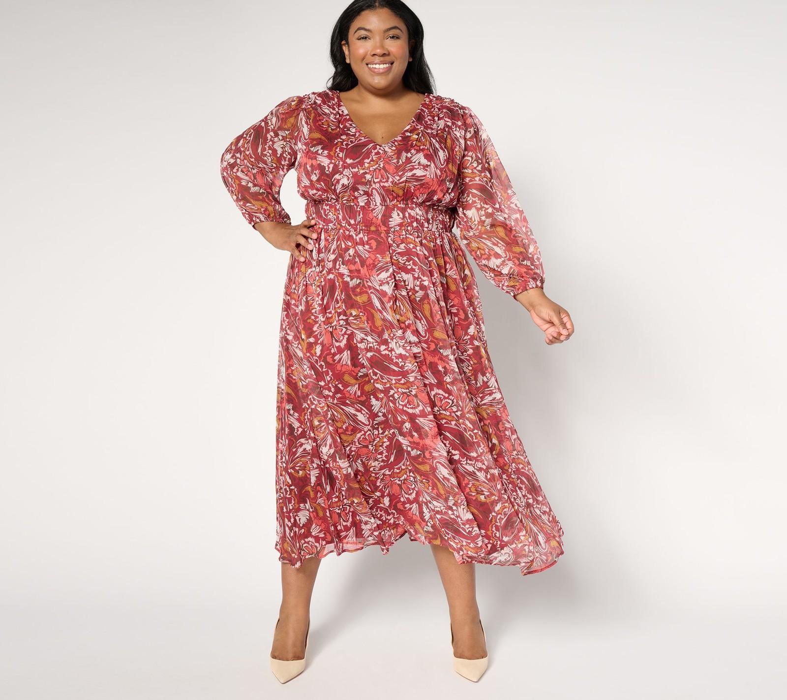 Maya J Women's Dress Sz M Printed V-Neck Chiffon Midi Multi-colored A670413