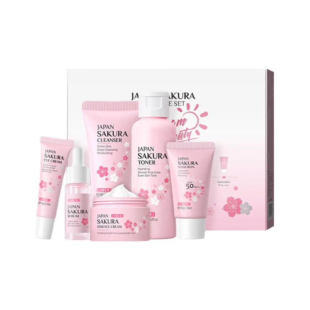 6Pcs/Set Sakura Skin Care Sets Face Cream Serum Toner Facial Cleanser Sunscreen 