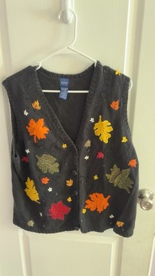 Vintage Basic Editions Black Leaf Fall Sweater Vest Xl Teachercore 90s