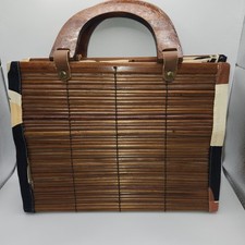 Vintage Bamboo Wood Slat Handbag Boho Folding Basket Purse Arched Wood Handle