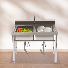 NEW Kitchen Sink Stainless Steel 2-Compartment Commercial Sink Silver w/ Faucets