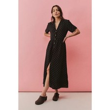 Urban Outfitters Mila Midi Shirt Dress Size Small Polka Dot Black Short Sleeve