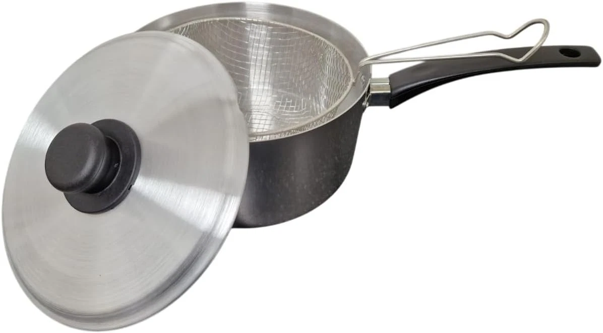 3pc Steel Deep Frying Chip Pan With Wire Basket and Lid Plastic Handle Chip