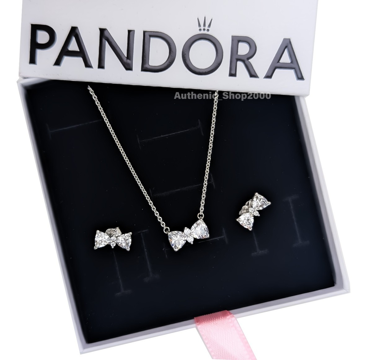 100% Authentic PANDORA 925 Sparkling Bow Stud Earrings Necklace