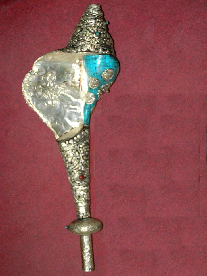 Tibetano Soplando Shankh Caracola Trompeta Cuerno Estatua Turquesa Azulejo Decoración del Hogar Foto 2 de 4