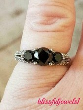 1.49CT Emerald Cut Real Black Onyx Engagement Three-Stone Ring 14K White Gold FN