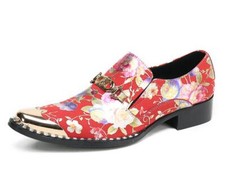 Men's Fashion Youth Pointy Toe Metal Decor Flowers Printed Leather Dress Shoes