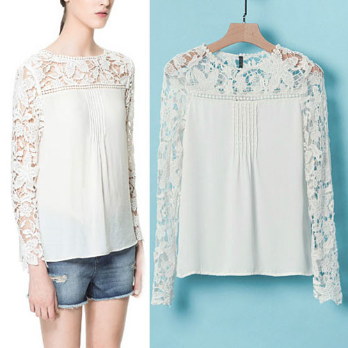2014 Summer New White Ladies Crochet Lace Chiffon Long Sleeve Top Shirt Blouse