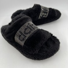 Daisy Fuentes Women  s Rhinestone Signature Black Faux Fur Soft Slippers - SZ 7
