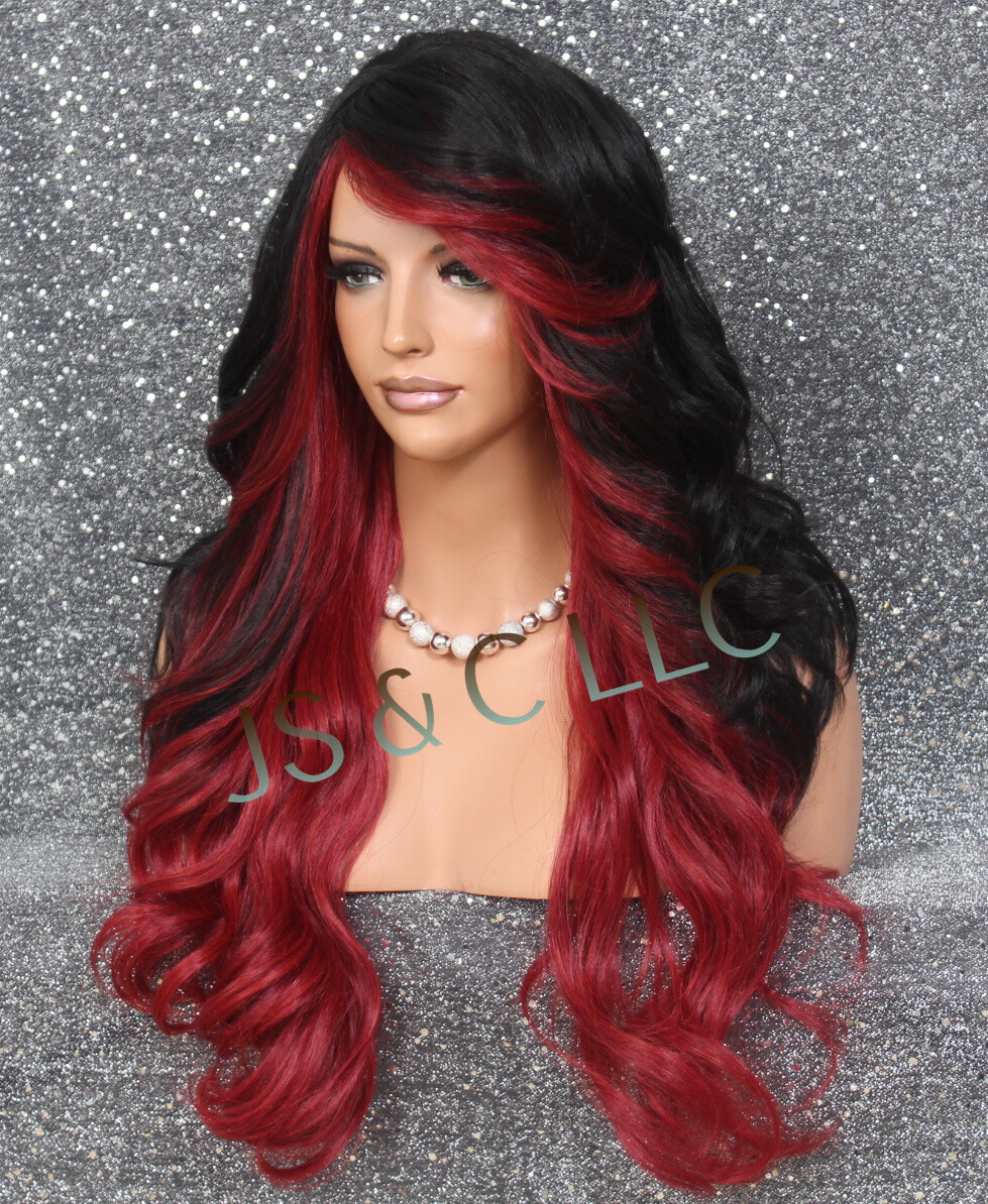 Human hair blend Luscious Wig Curly Long Layered Heat OK Red Black WVE |  eBay