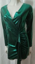 Shein Metallic Green Ruched Mini Bodycon Long Sleeve Dress Size M  Zip Complete 