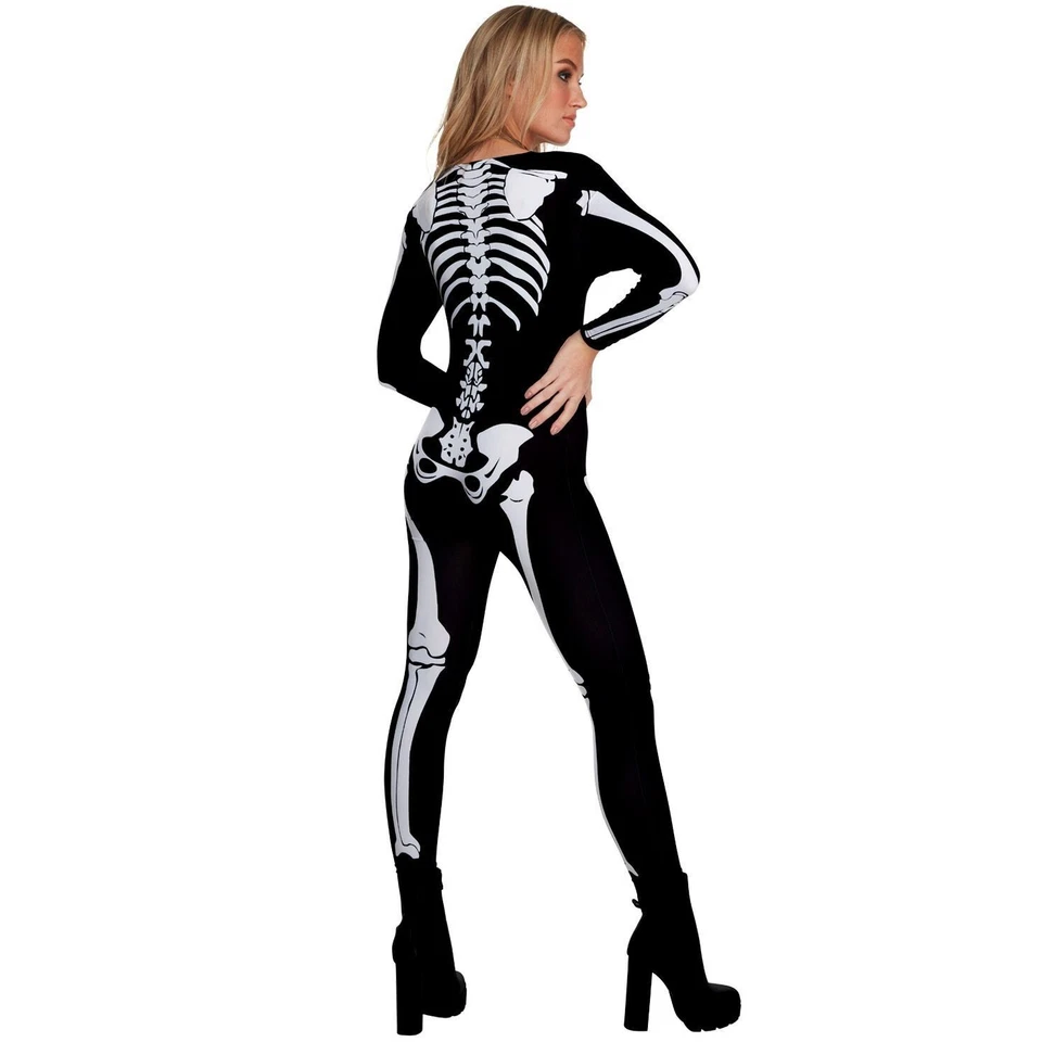 Mujer Mono Esqueleto Damas Cremallera Frontal Body Disfraz Halloween Foto 3 de 4