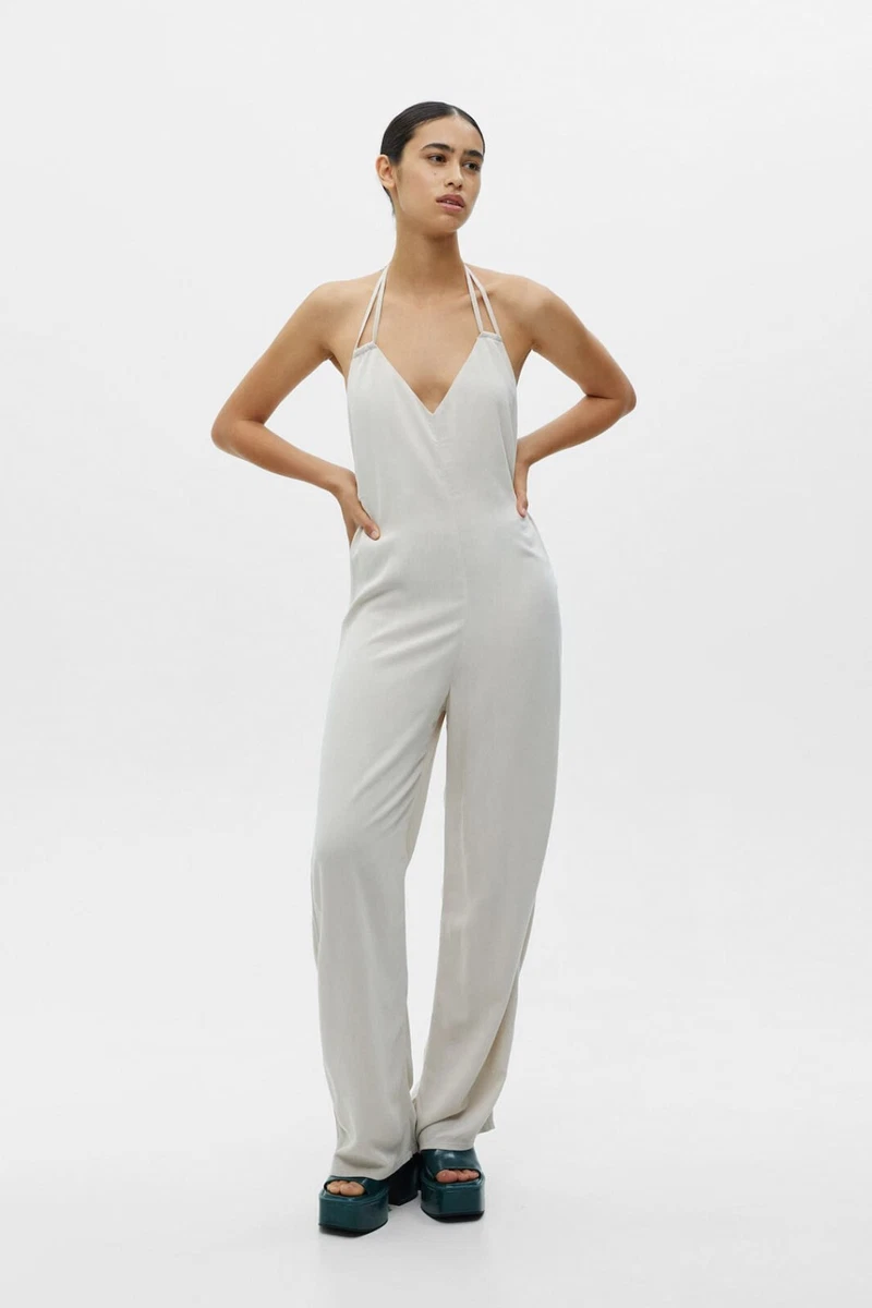 Pullu0026bear grey tie on the neck open back jumpsuit M | eBay