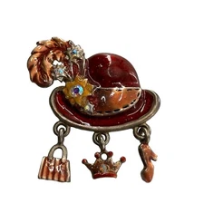 AJMC Red Hat Society Rhinestones Brooch Pin Silver Tone Ladies Charms Enamel b