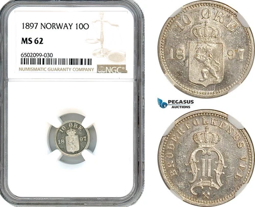 AH719, Norway, Oscar II, 10 Øre 1897, Kongsberg Mint, Silver, NGC MS62