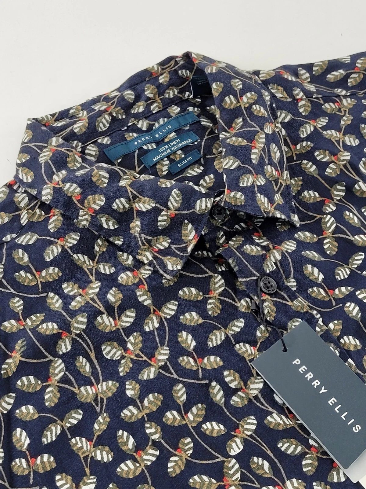 Perry Ellis The Untucked Shirt Short Sleeve 100% Linen Floral Slim Fit 2XL $79