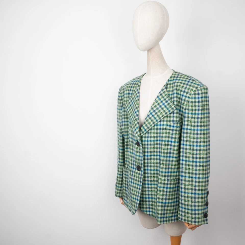 Винтажный женский зеленый клетчатый блейзер ESCADA MARARETHA LEI из чистой шерсти и зеленого цвета размер 44 XL - Изображение 4 из 4