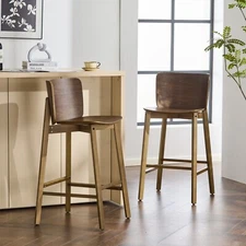 42 in Chairs Walnut Barstools with Curved Wood Back, Rubberwood Frame, Set of 2
