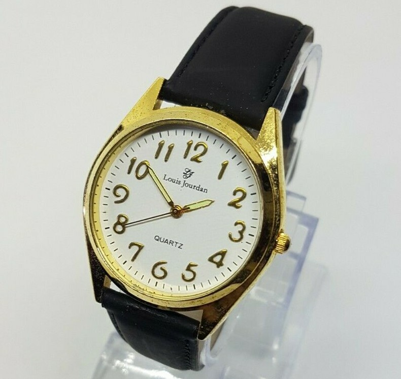 Louis Jourdan Gold Tone Case White Dial Black Leather Watch Strap