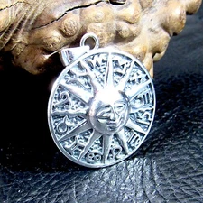 Solid 925 Sterling Silver Zodiac Wheel & Sun Face w/ Runes Astrology Pendant