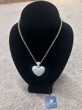 Retired 34  Swarovski Swan Pave Crystal Gold-plated Puffy Heart Necklace NEW