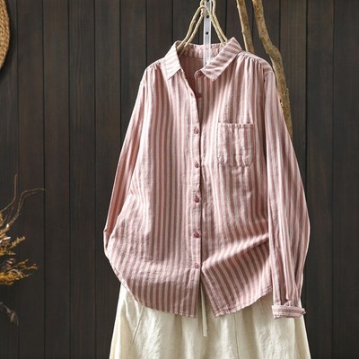 Pink Cotton Stripe Shirt Women's Long Sleeve Spring 2026 Loose Casual Top Shirts