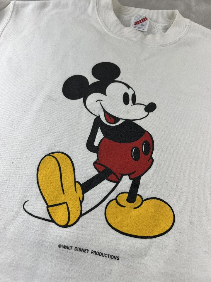 Suéter masculino Mickey Mouse vintage anos 80 M/grande branco Disney gola redonda Jerzees EUA - Imagem 3 de 4