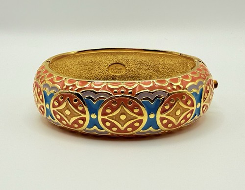 Vintage Joan Rivers Enamel Hinged Bracelet Signed Orange Blue Summer Geometric