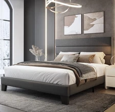 Slat Platform Bed Frame Queen Platform & Velvet Upholstered Headboard