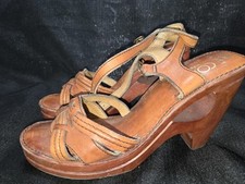 Vintage Connie Swifty Wood Wedge Leather Retro Hippie Women's Heels