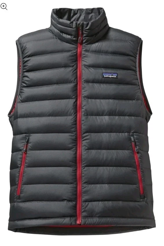 Patagonia Down Sweater Puffer Vest Large Black Red Zippers Lightweight Gilet