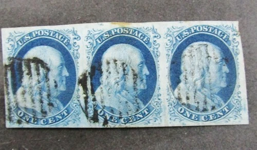 nystamps US Stamp # 8A Used $8300 Rare Strip                 M20x380