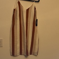 Lulus Brown White Striped Linen Slip Dress V-Neck Sleeveless Short Size M