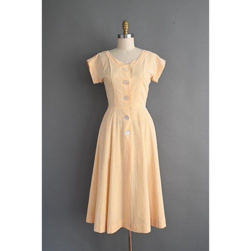vintage 1950s 50s dress | Butter yellow Pinstripe Print Cotton Day Dress | Small
