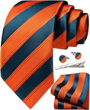Mens Striped Tie and Pocket Square Set Silk Necktie Handkerchief Cufflinks Tie C
