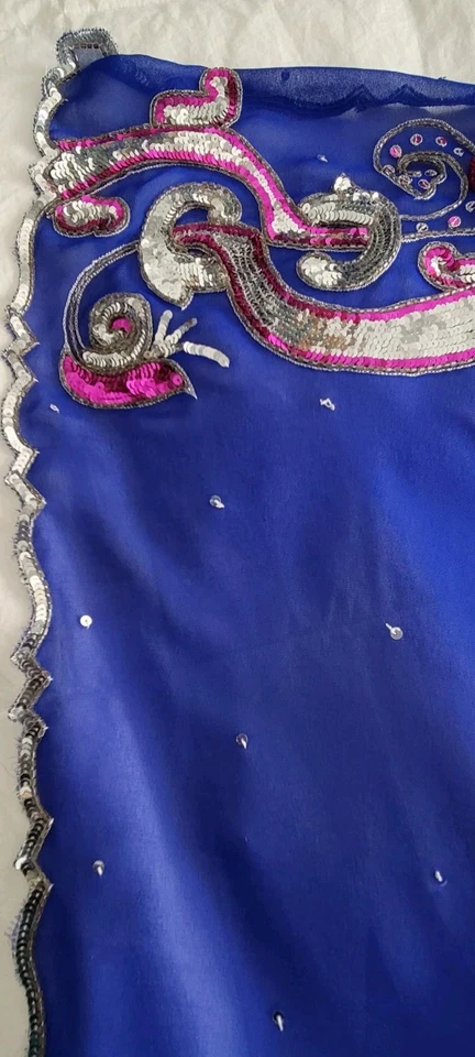 Ropa de fiesta sari azul real con secuencia rosa y plateada, blusa 38" Foto 4 de 4