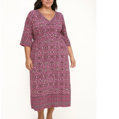 NWT Ulla Popken Pink Red Mandala Beads V Neck 3/4 Sleeve Jersey Midi Dress 24/26